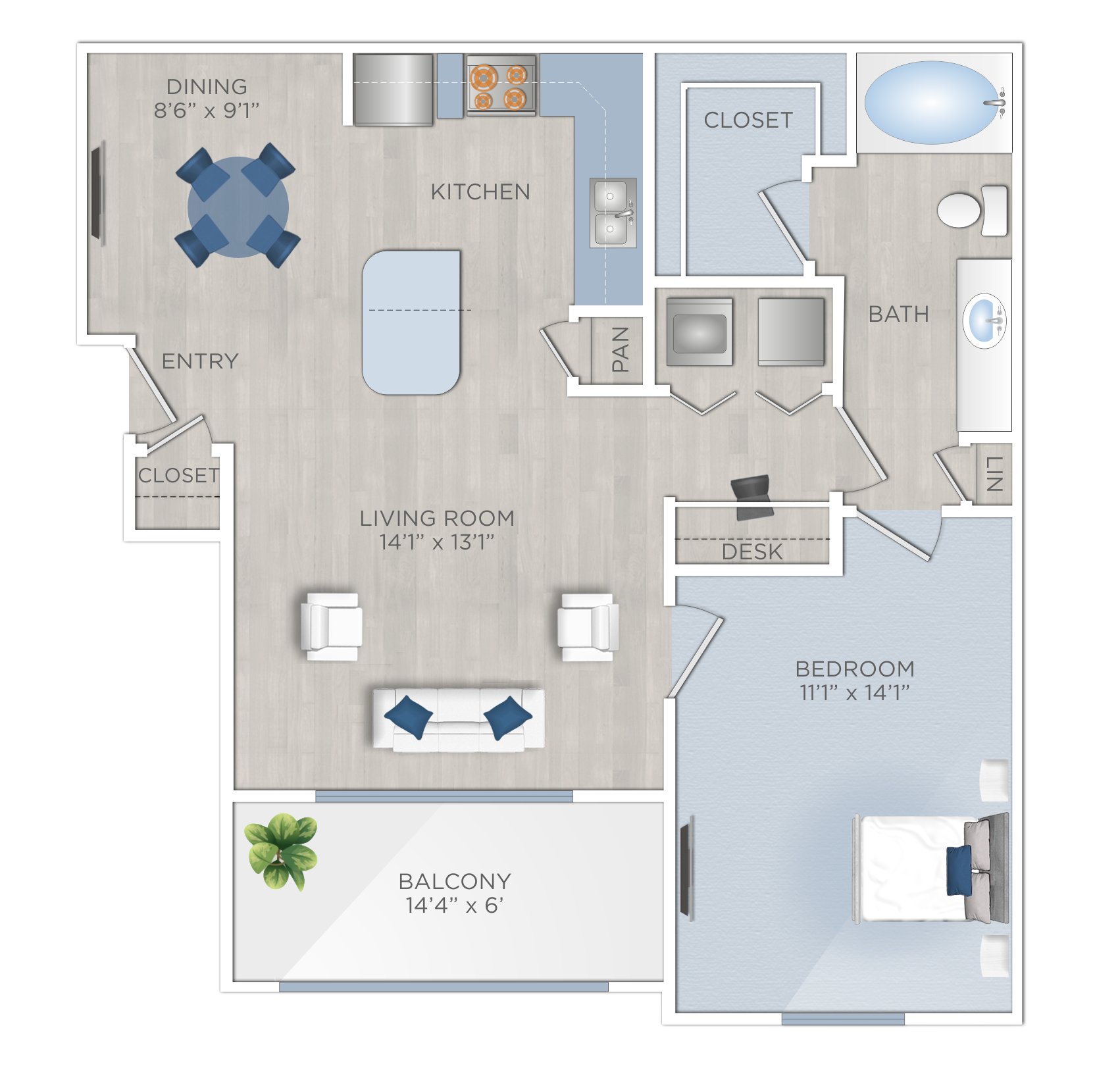 Floor plan for 1 bed, 1 bath, 780 sqft